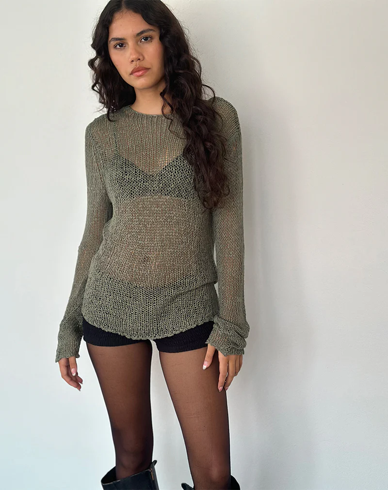 Rajiya Open Weave Jumper in Olive - Image 2