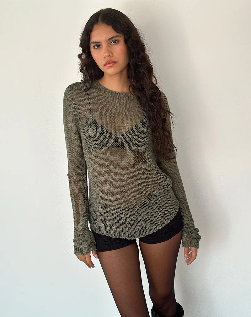 Rajiya Open Weave Jumper in Olive - Image 4