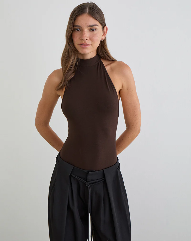 Raleah Halterneck Bodysuit in Jersey Bitter Chocolate - Image 3