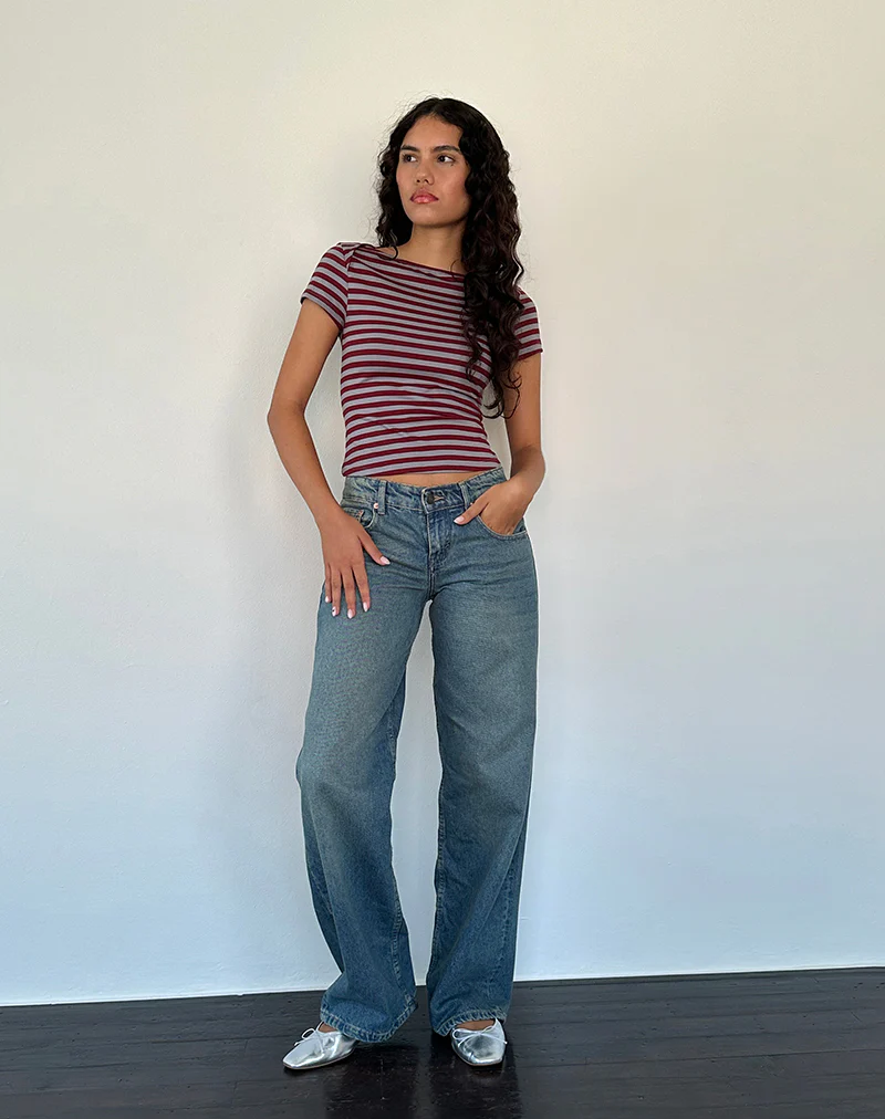Ralina Short Sleeve Top in Mulberry Grey Stripes - Image 3