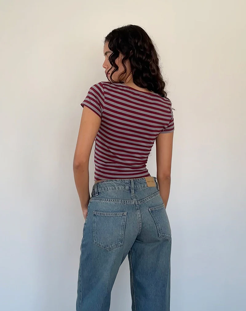 Ralina Short Sleeve Top in Mulberry Grey Stripes - Image 4