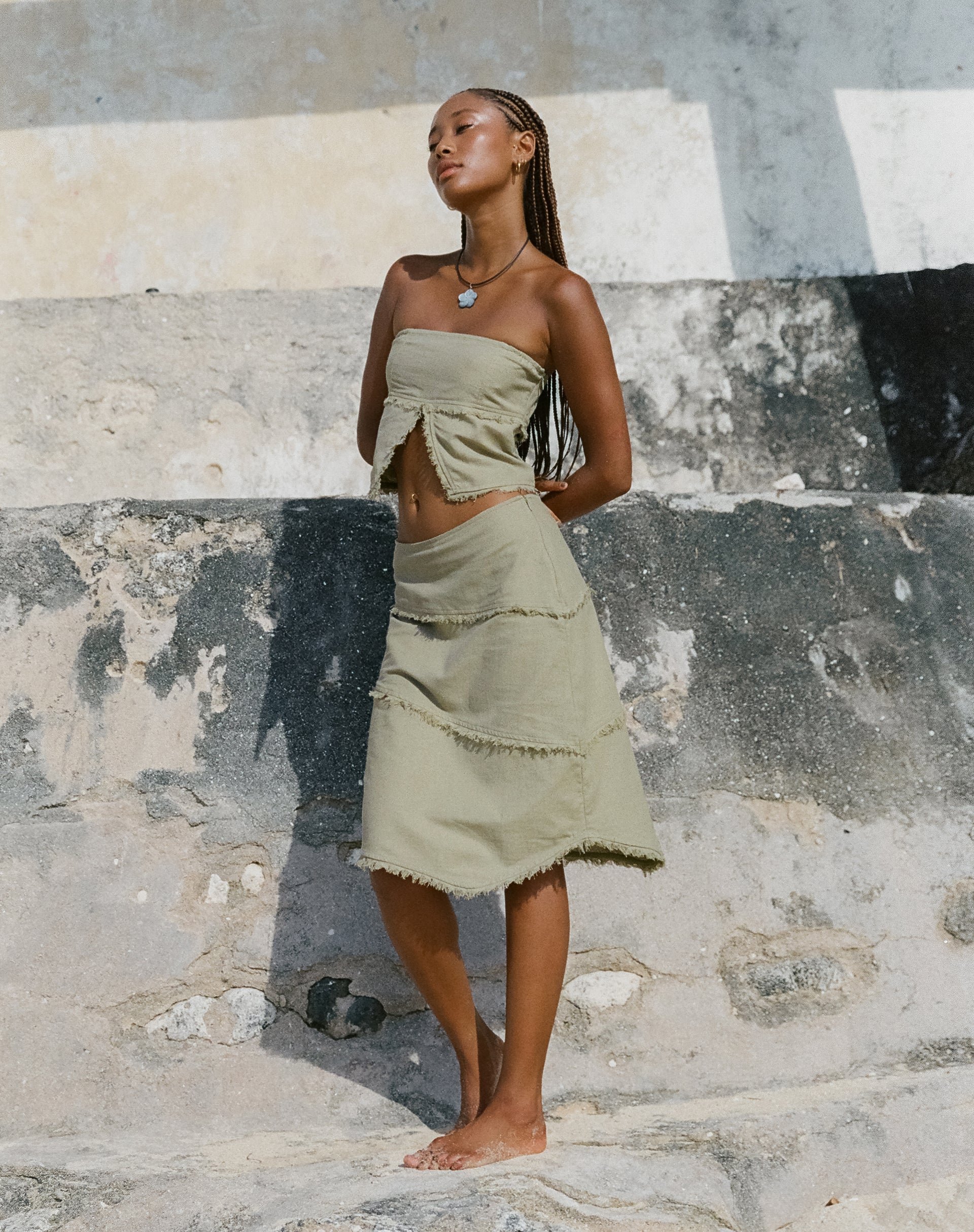 Ralna Asymmetric Midi Skirt in Linen Slate Green - Image 2