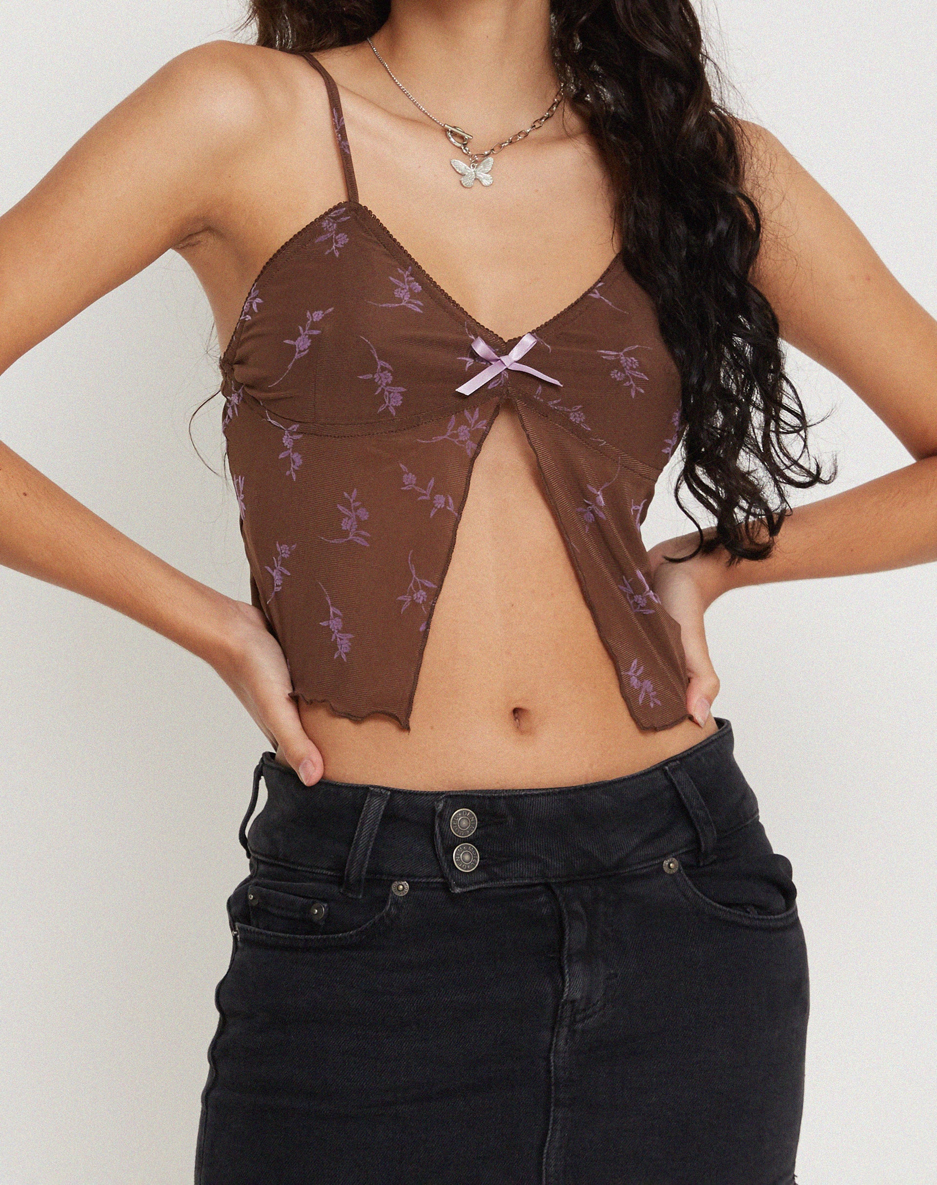 Rama Cami Top in Flower Stem Flock Brown - Image 3