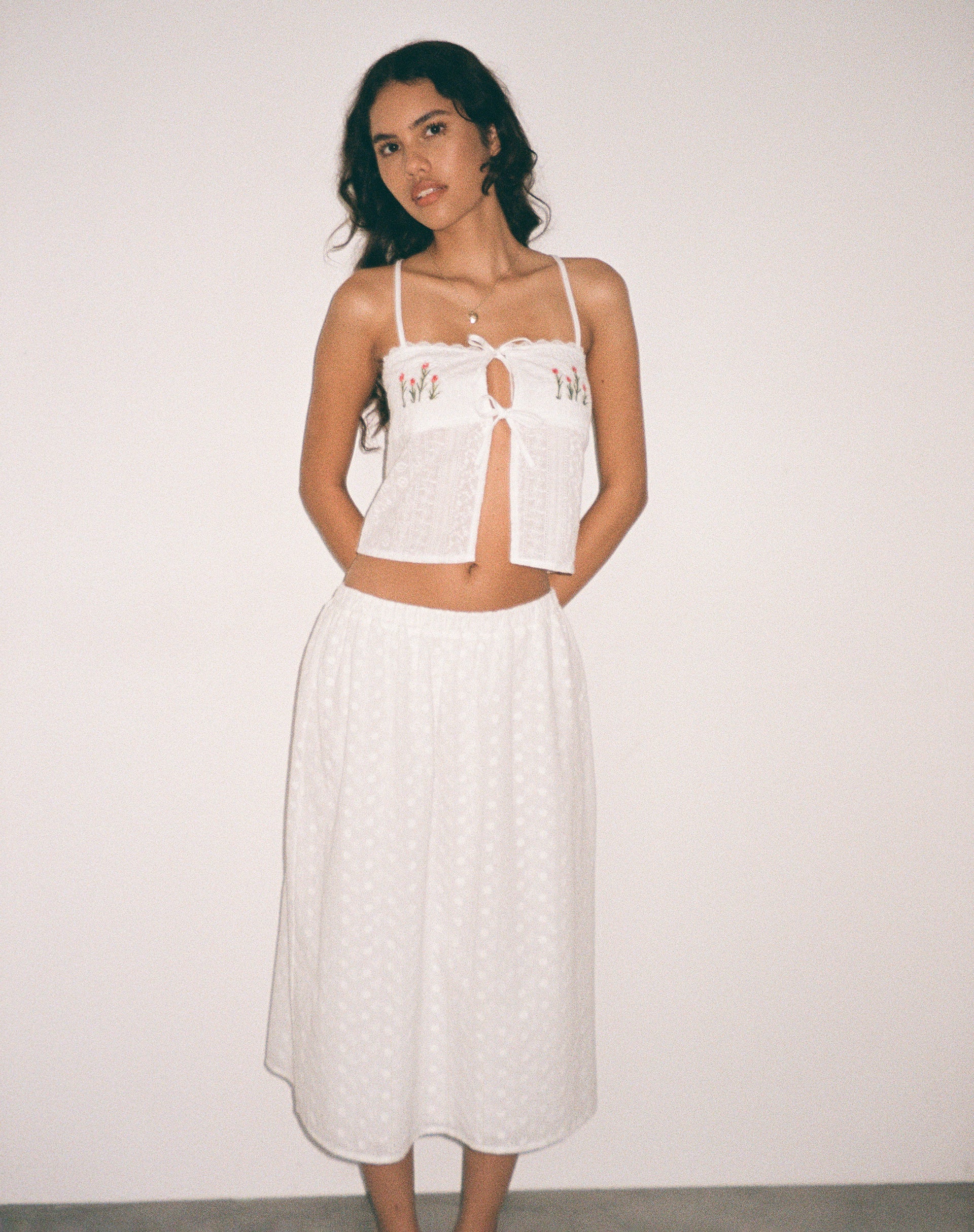 Ramika Tie Front Embroidered Cami Top in White Broderie - Image 2