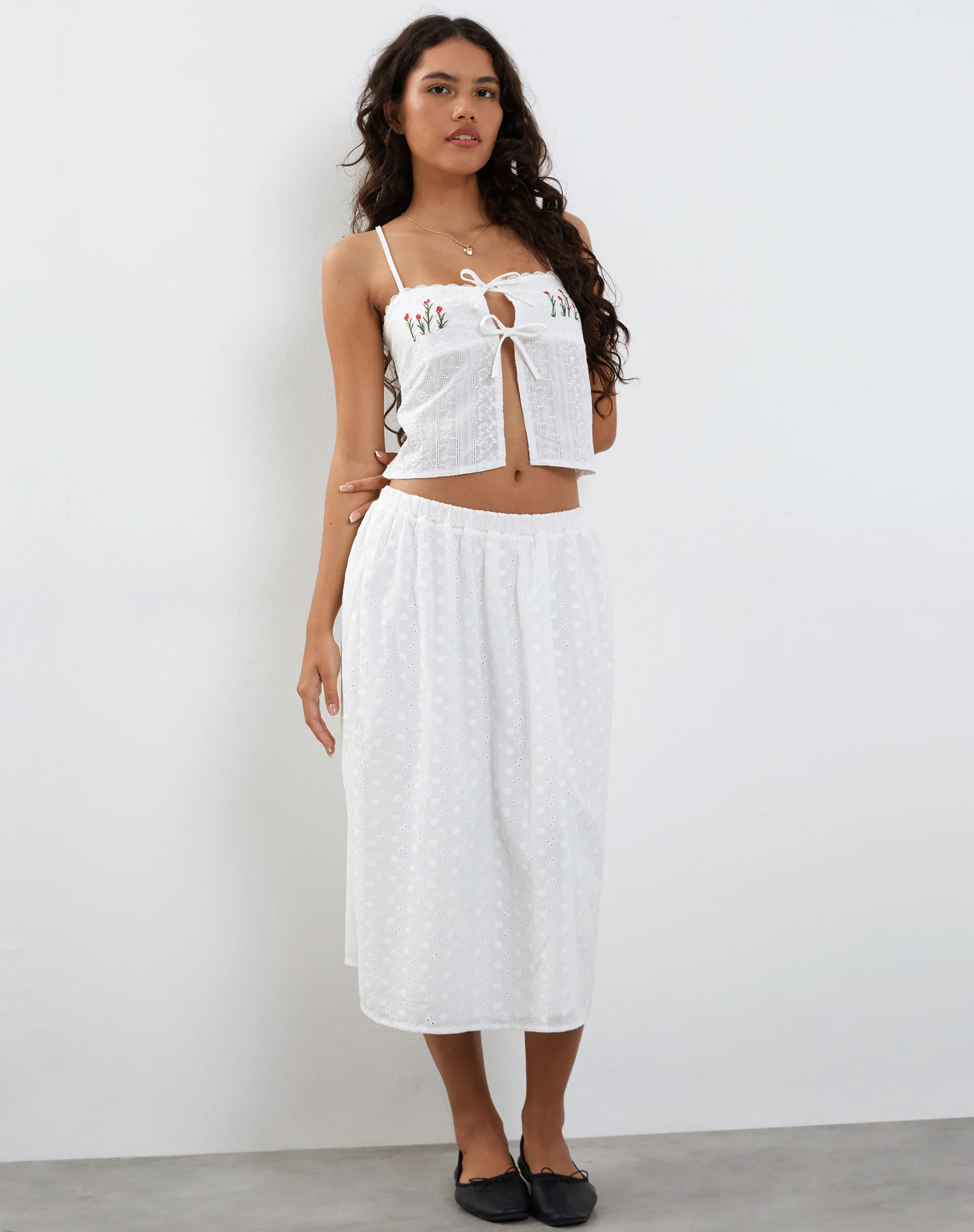 Ramika Tie Front Embroidered Cami Top in White Broderie - Image 6