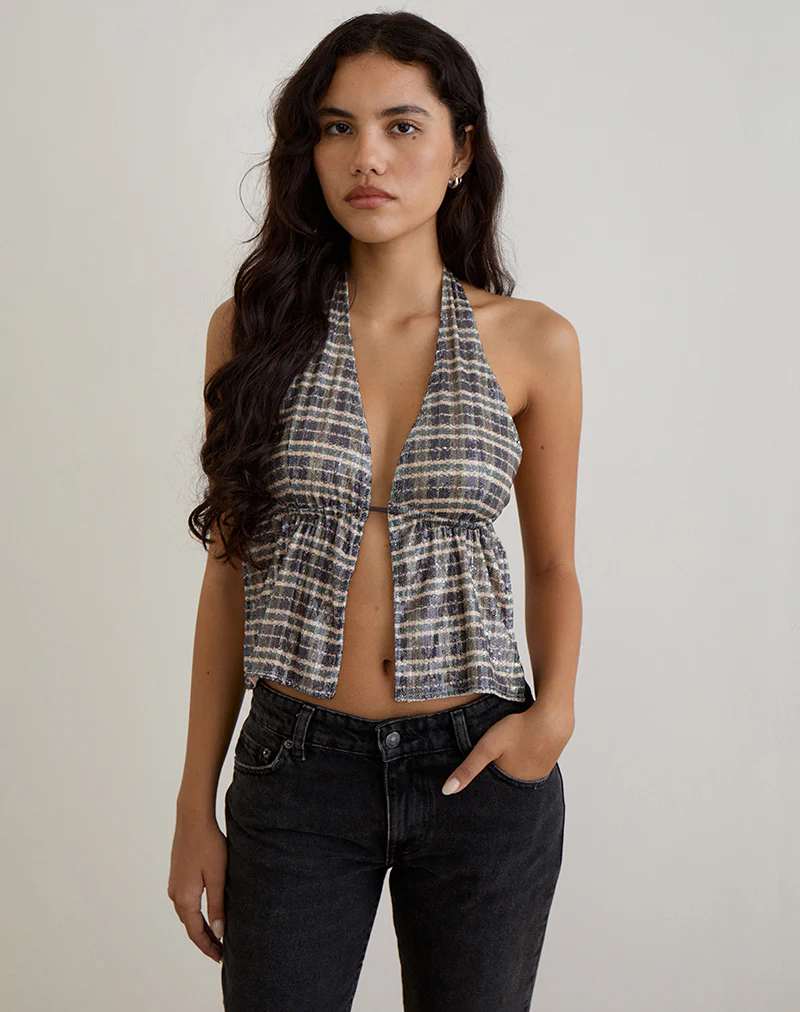 Ramilo Top in Sequin Vintage Check Brown - Image 2