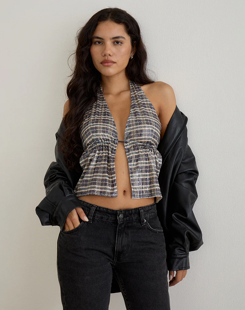 Ramilo Top in Sequin Vintage Check Brown - Image 4