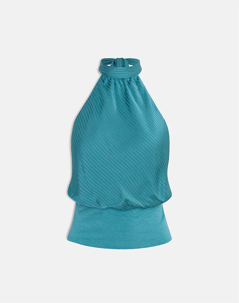 Rania Backless Top in Stripe Satin Teal - Image 3