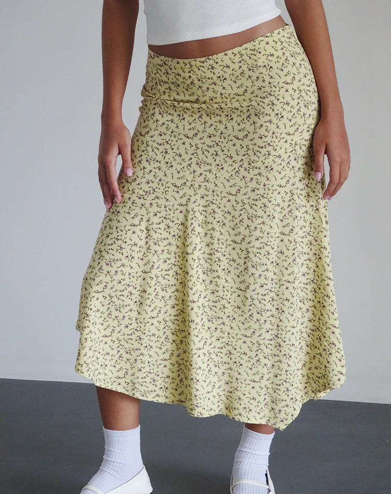 Rans Waterfall Hem Midi Skirt in Flowing Flower Yellow - Image 3