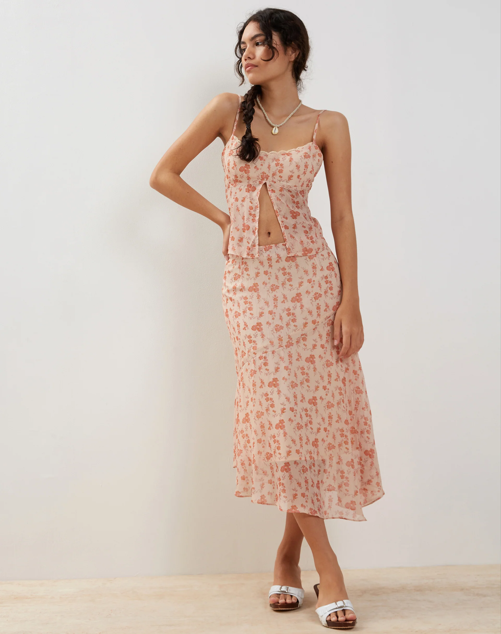 Rans Waterfall Hem Chiffon Midi Skirt in Peach Cherry Blossom - Image 4