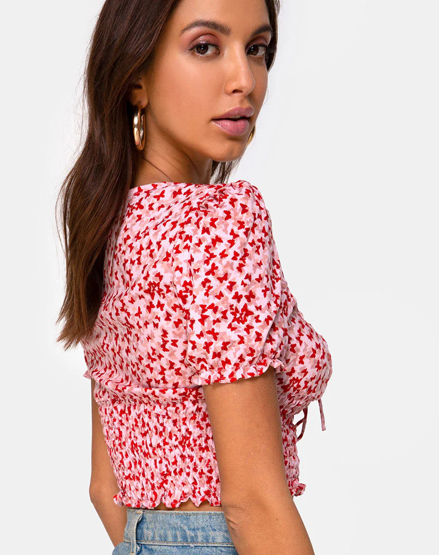 Raquel Crop Top in Ditsy Butterfly Peach and Red - Image 3