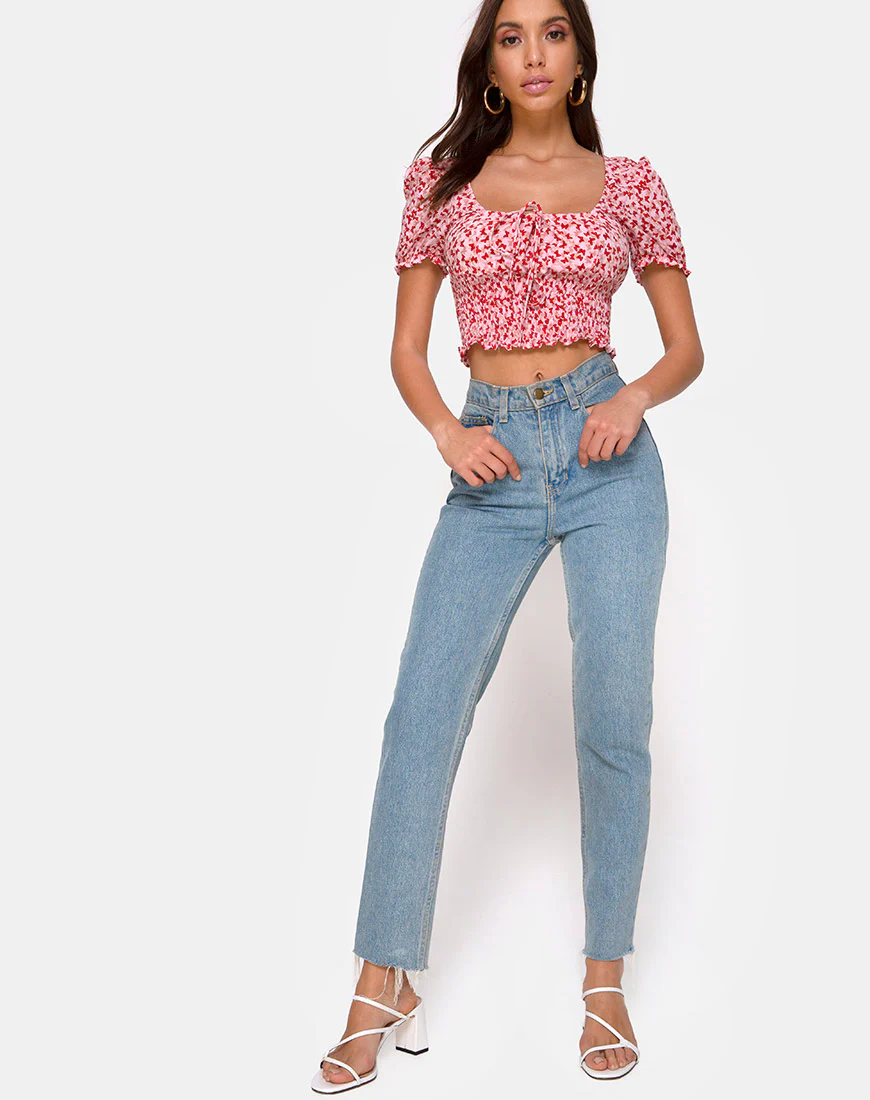 Raquel Crop Top in Ditsy Butterfly Peach and Red - Image 4