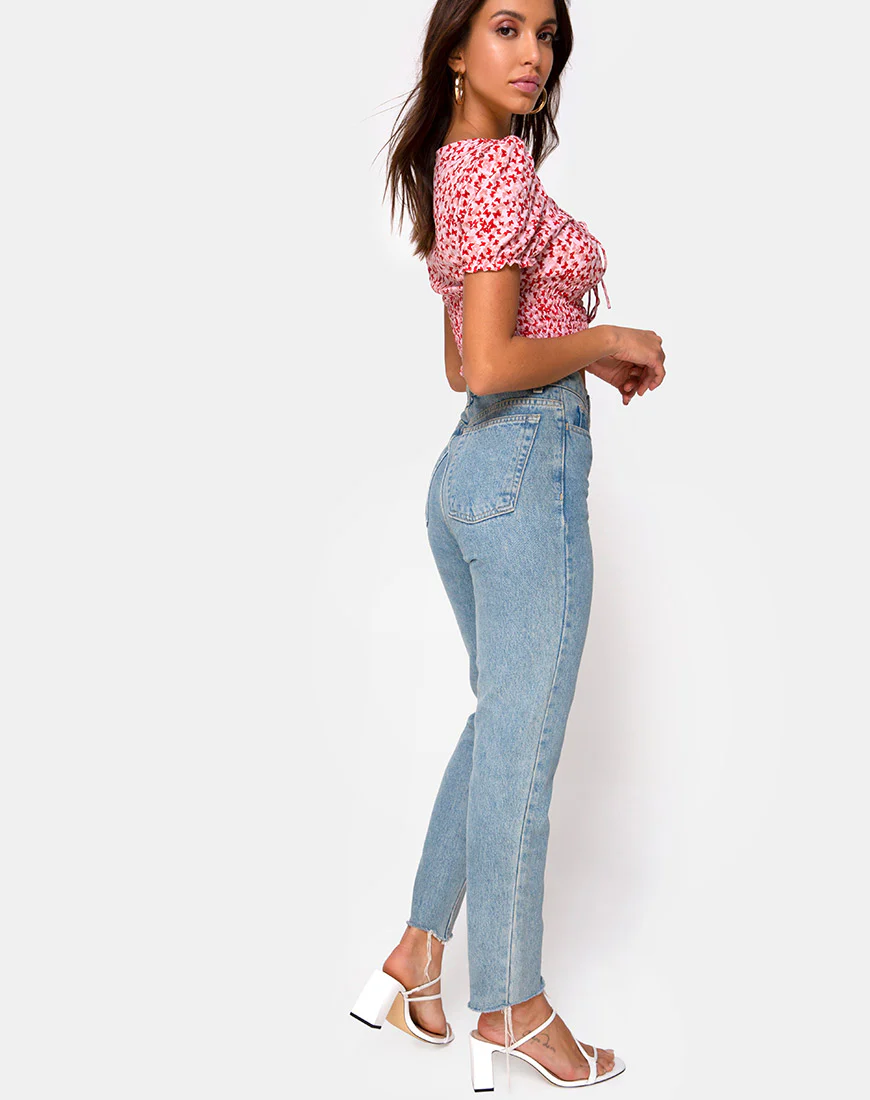 Raquel Crop Top in Ditsy Butterfly Peach and Red - Image 5