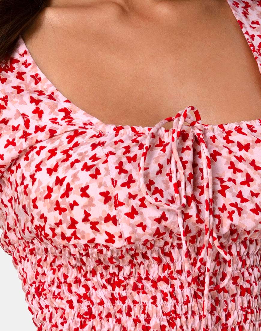 Raquel Crop Top in Ditsy Butterfly Peach and Red - Image 6