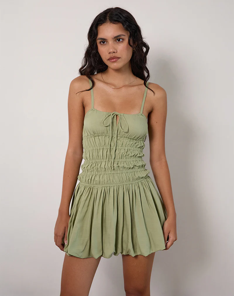 Rasmil Bubble Hem Mini Dress in Sage Green - Image 5