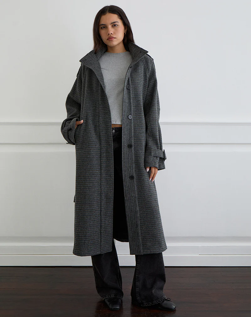 Ravari Belted Trench Coat in Charcoal Check - Image 3