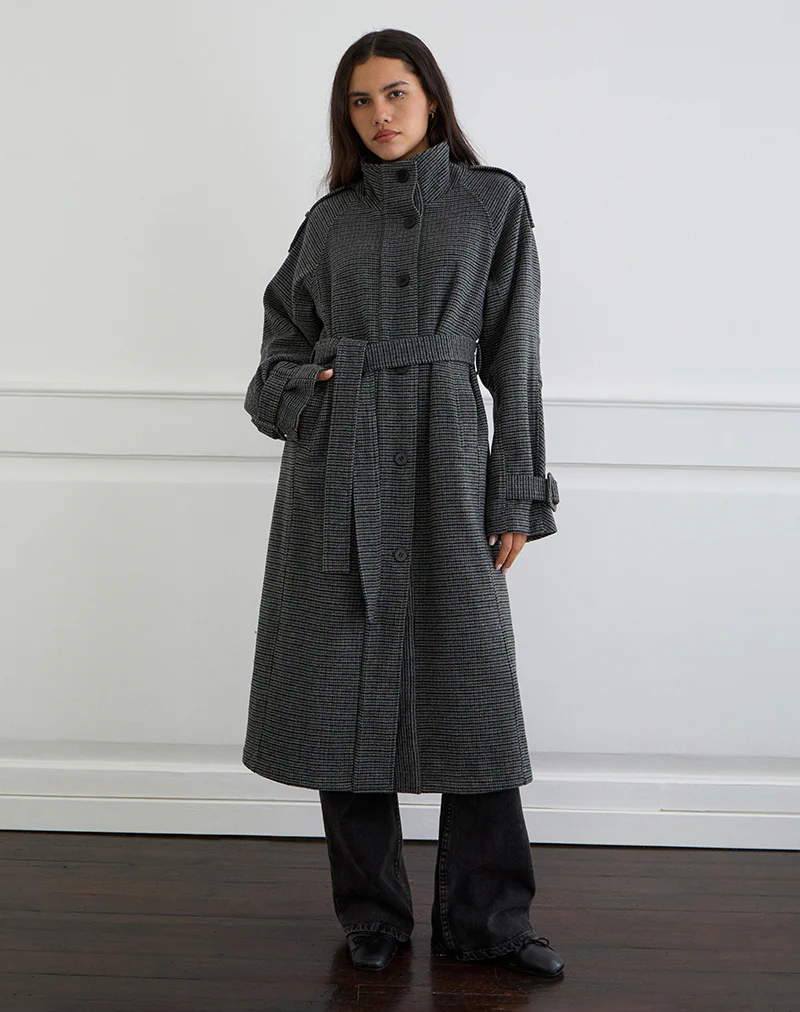 Ravari Belted Trench Coat in Charcoal Check - Image 5