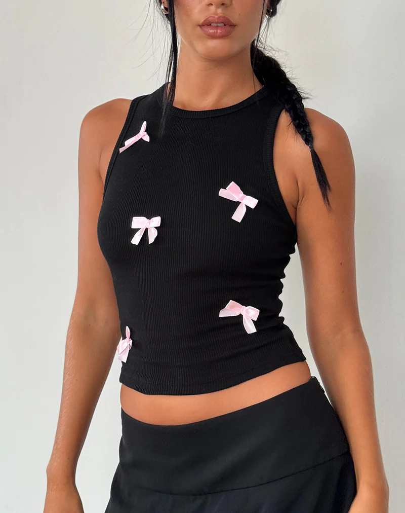 Rave Vest Top in Black with Pink Bows - Image 2