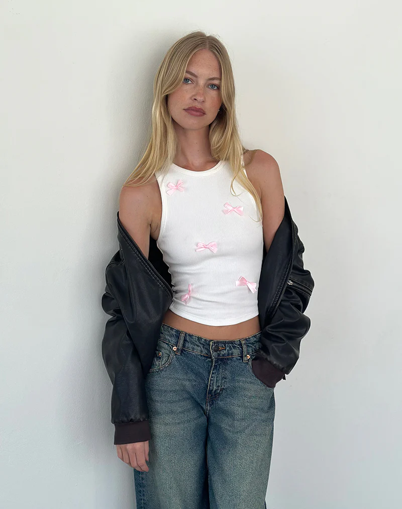 Rave Vest Top in Off White with Pink Bows - Image 4