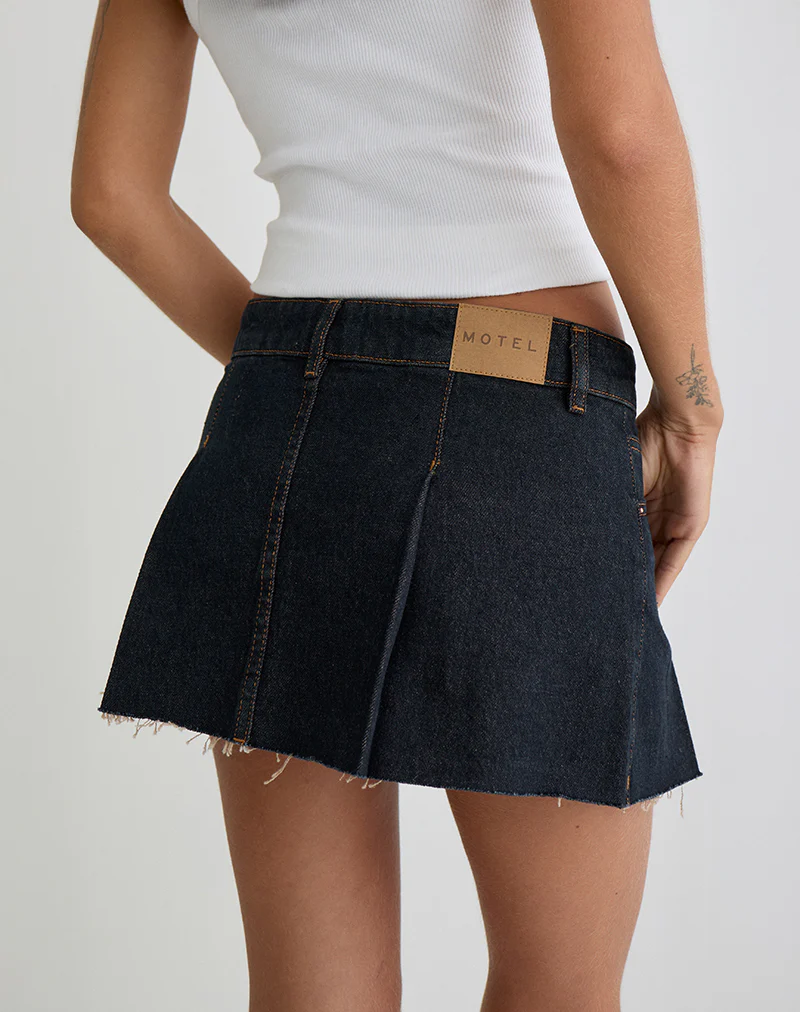 Raw Hem Denim Dart Mini Skirt in Indigo - Image 3
