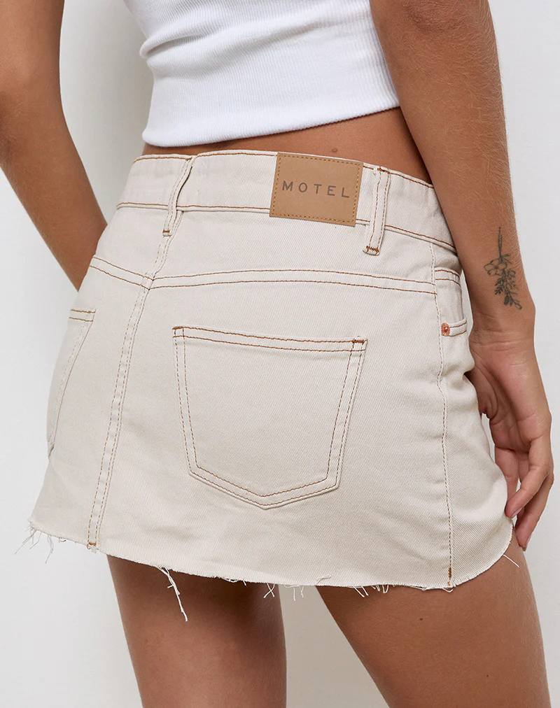 Raw Hem Denim Mini Skirt in Off White - Image 4