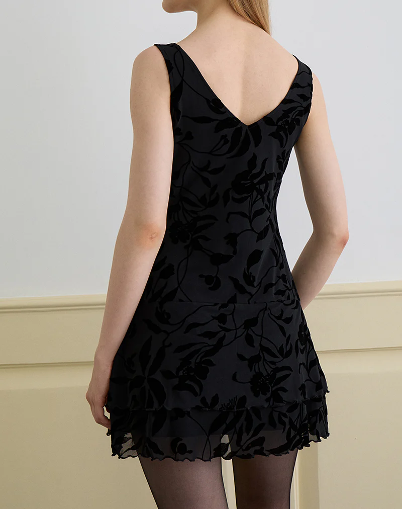 Rawson Mini Dress in Flock Leaf Flower Black - Image 4