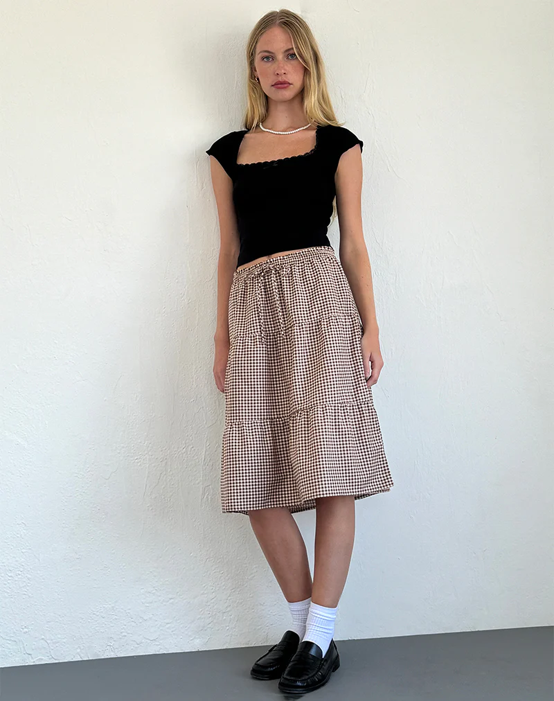 Reef Midi Skirt in Mini Gingham Brown - Image 3