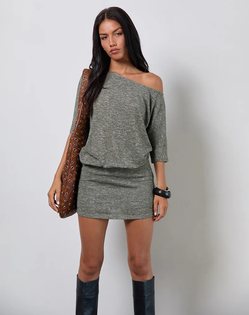 Reeta Mini Dress in Glitter Knit Khaki - Image 2