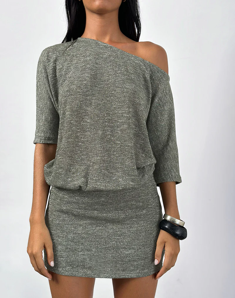 Reeta Mini Dress in Glitter Knit Khaki - Image 4