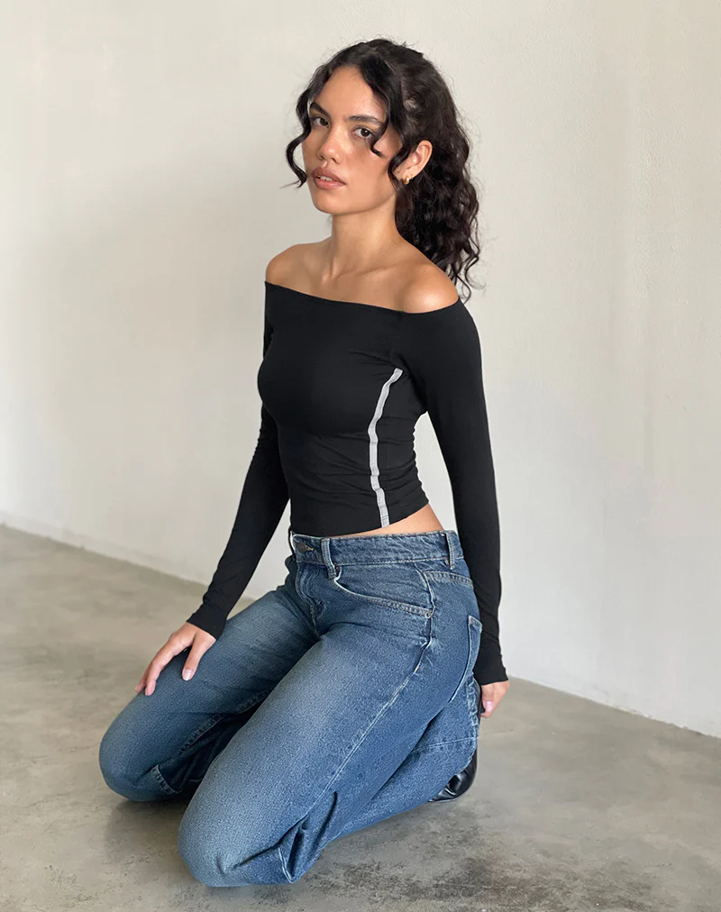 Reiba Long Sleeve Top in Black with Grey Binding - Image 2