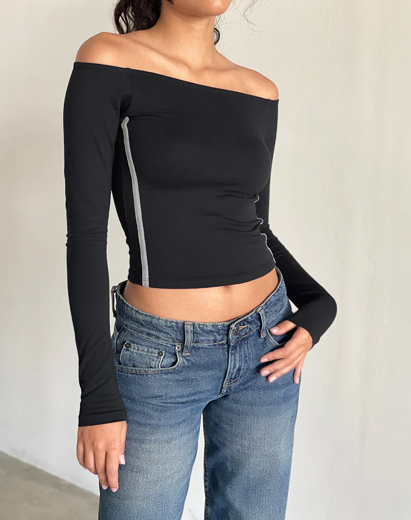 Reiba Long Sleeve Top in Black with Grey Binding - Image 4