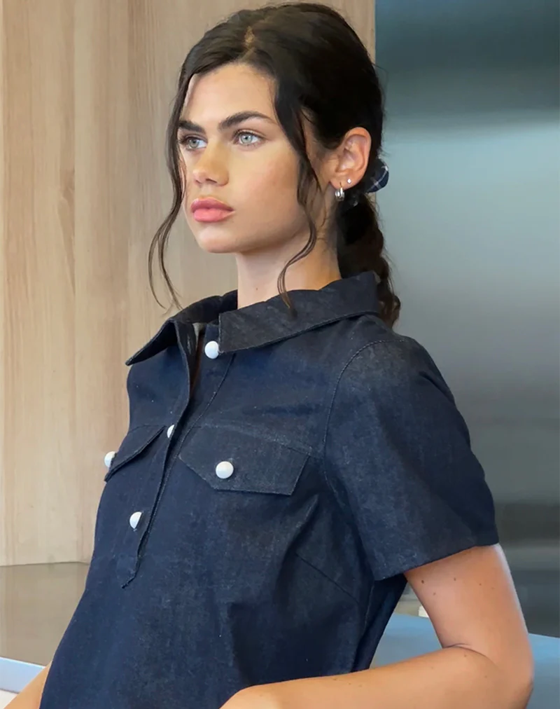 Reiga Smock Mini Dress in Denim Indigo - Image 2