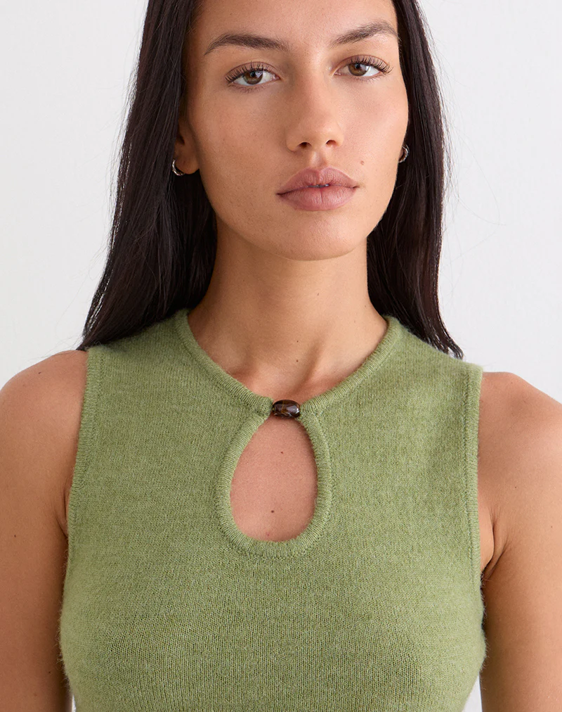 Reita Keyhole Top with Bead in Knit Olive - Image 2