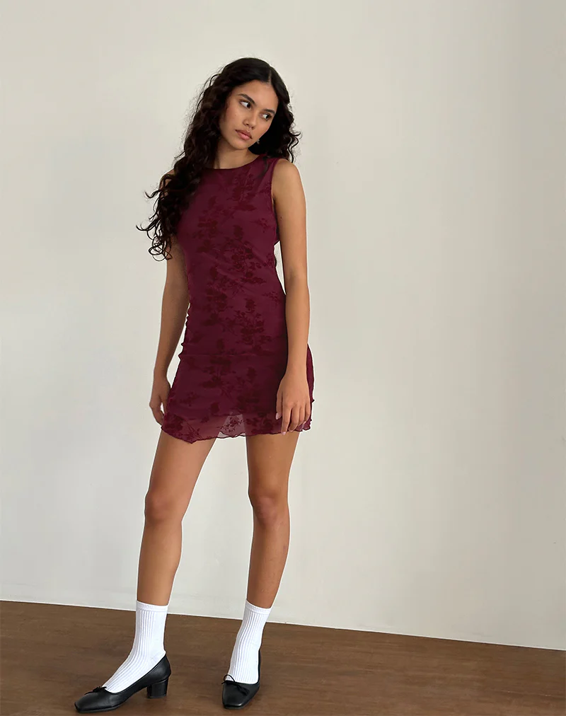 Renata Mini Dress in Flocked Botanical Flower Maroon - Image 3