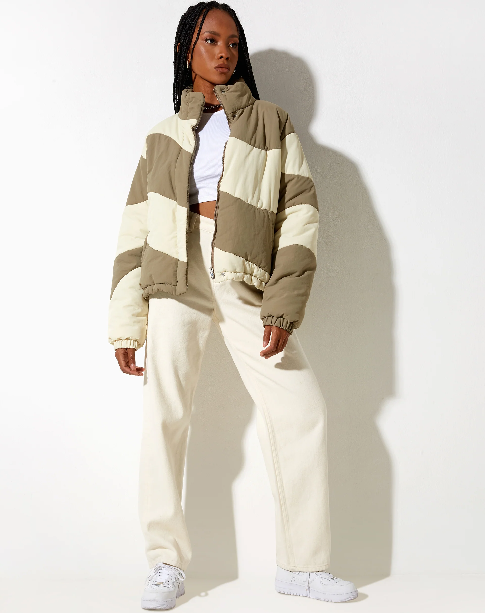 Renee Puffa Jacket in Panelled Cream and Taupe - Image 5