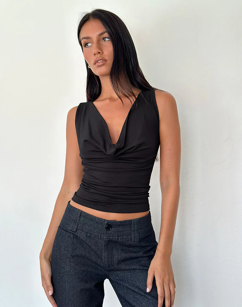 Reni Cowl Neck Top in Black Rayon Jersey - Image 4