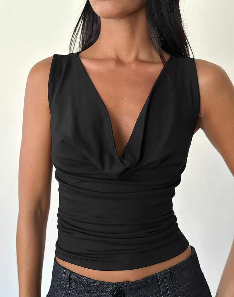 Reni Cowl Neck Top in Black Rayon Jersey - Image 5