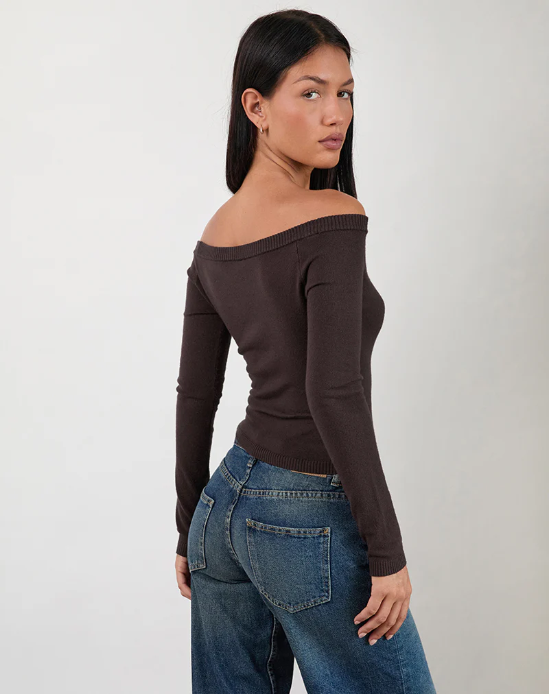 Renie Bardot Top in Dark Brown Knit - Image 3