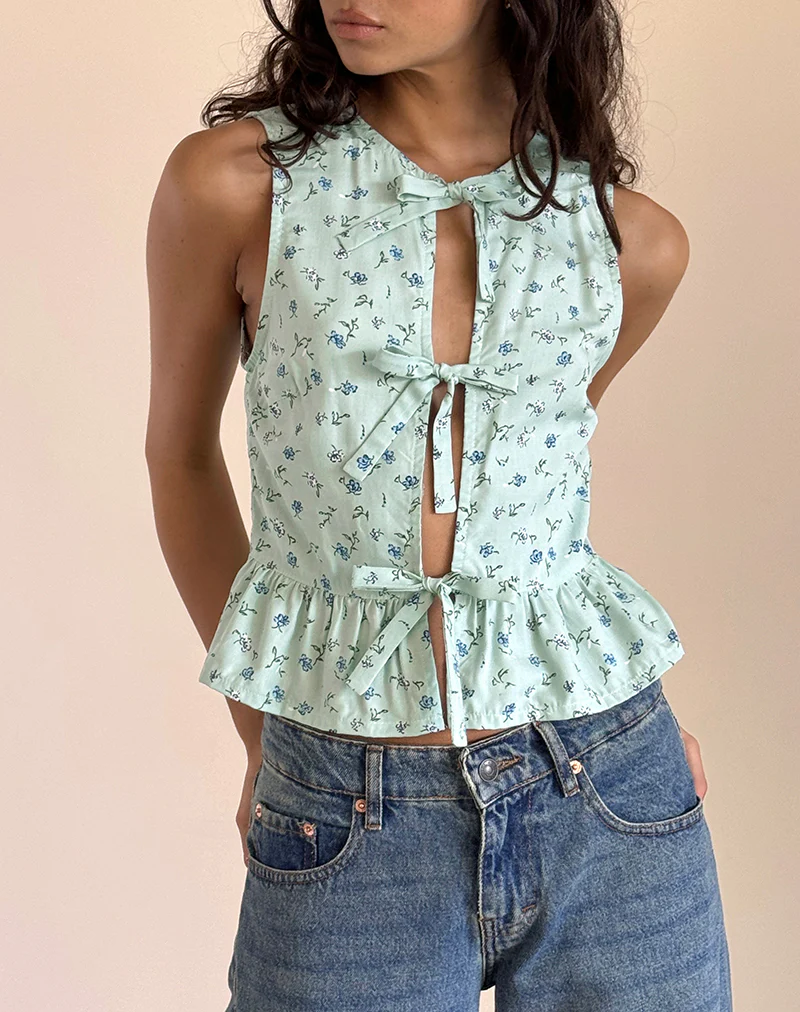 Revata Tie Front Top in Pretty Petal Green - Image 2