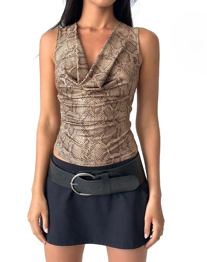 Rexine Cowl Neck Top in Brown Snake Print - Image 2