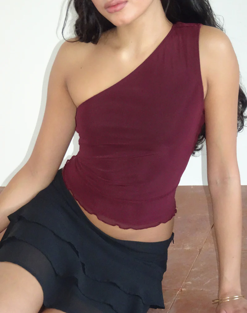 Rhian One Shoulder Top in Mesh Maroon - Image 2