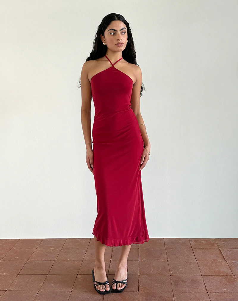 Ribka Halterneck Midi Dress in Mesh Cherry - Image 4