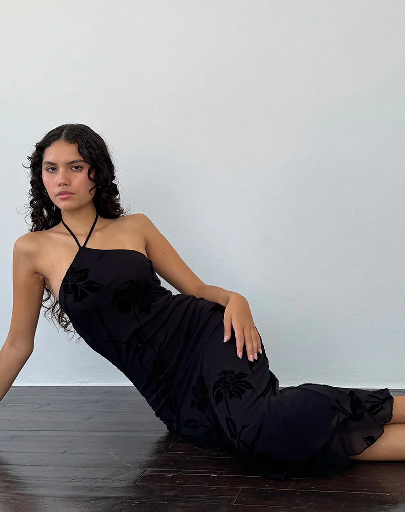 Ribka Halterneck Midi Dress in Orchids Flock Black - Image 2