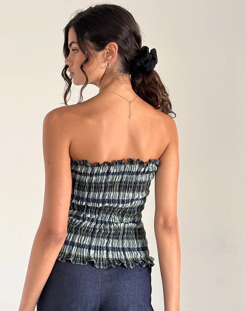 Rigia Bandeau Top in Linen Mono Check Green - Image 3