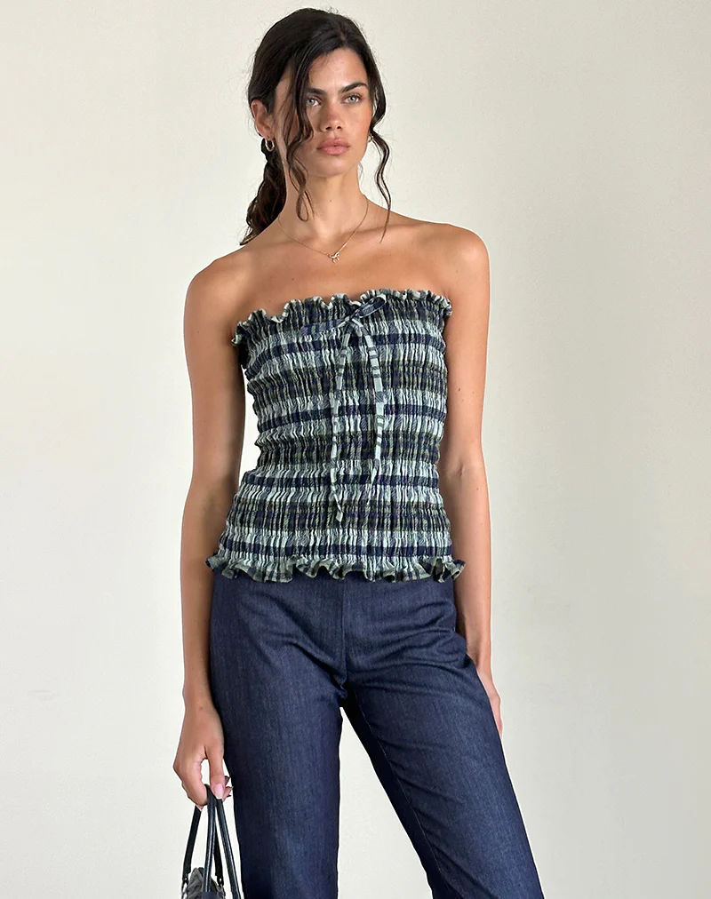 Rigia Bandeau Top in Linen Mono Check Green - Image 4