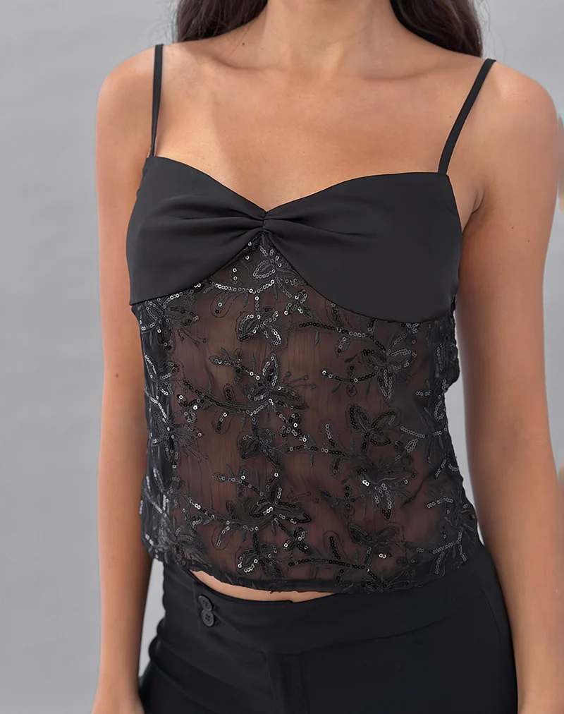 Rikasu Top in Floral Chiffon Sequin Black - Image 2