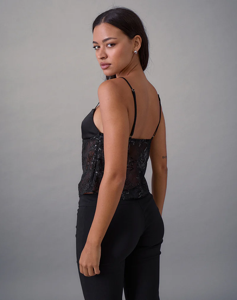 Rikasu Top in Floral Chiffon Sequin Black - Image 4