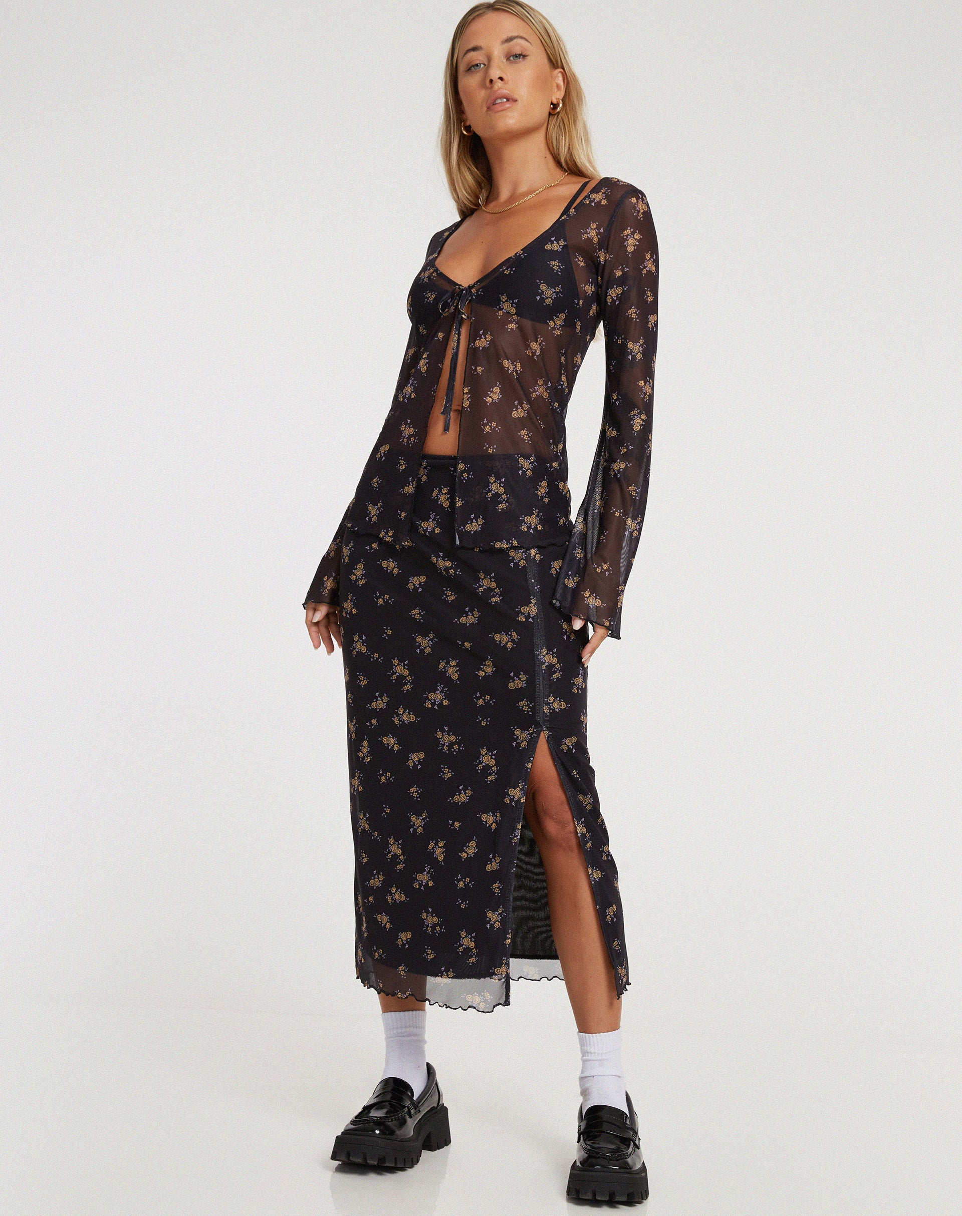 Rindai Midi Skirt in Femme Floral Black and Gold - Image 7