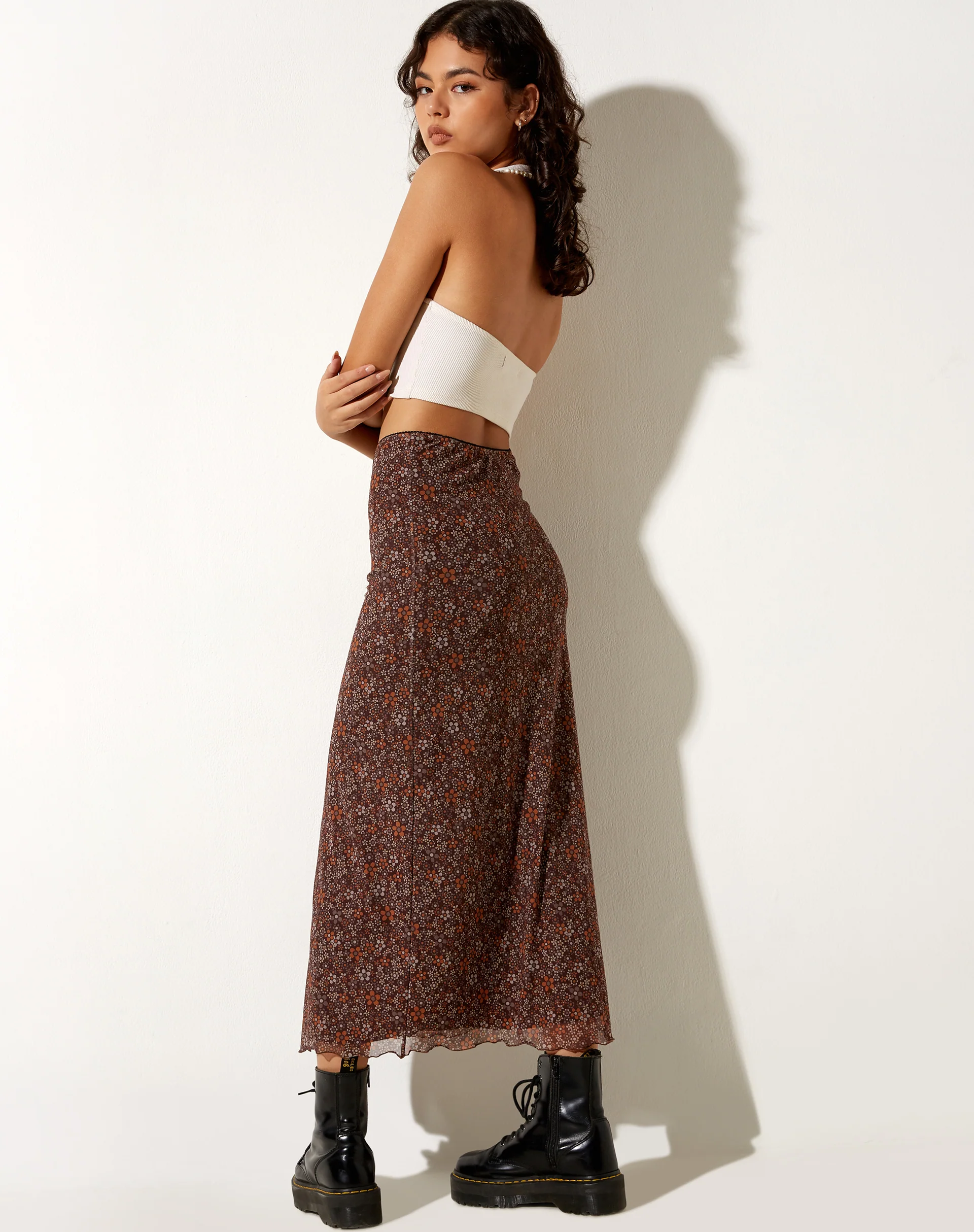 Rindu Midi Skirt in Flower Garden Brown - Image 2