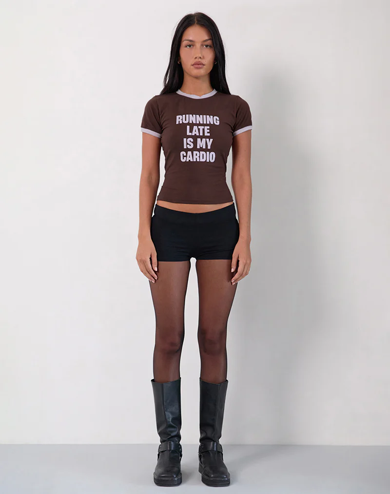 Rinea Tee Top in Bitter Chocolate with Violet Binding and Running Late Slogan - Image 2